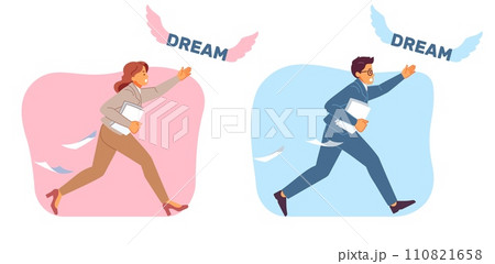 Businessmen man and woman chasing dream. Male and female office characters running, hunting profit, career development and business inspiration. Cartoon flat isolated vector concept 110821658