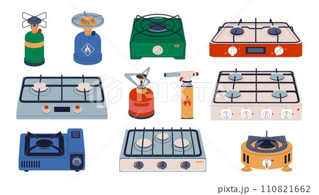 Cartoon flat gas stoves. Camping and household hobs, propane fuel balloons, outdoor cooking devices, expedition kitchen, furnace travel, heat flame, propane hob butane nowaday vector set 110821662