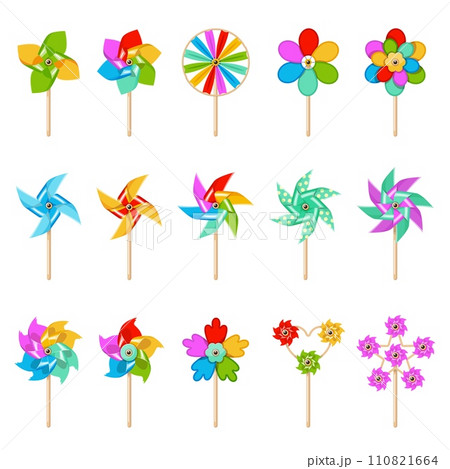 Cartoon pinwheel toy. Kids breeze wheels, colorful propeller for outdoor games, summer bright whirligig spinner, paper vanes, colorful rotating ventilators, carnival product, vector set 110821664