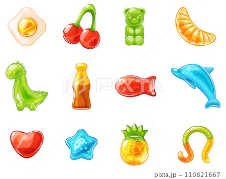 Chewing jelly candies set. Colorful kids sweets, gummy dragon, bear and fish, animals and fruit shapes sweets, yummy gelatin worm, various flavors. Sweet marmalades, vector isolated set Chewing jelly candies set. Colorful kids sweets, gummy dragon, bear and fish, animals and fruit shapes sweets, yummy gelatin worm, various flavors. Sweet marmalades, vector isolated set 110821667