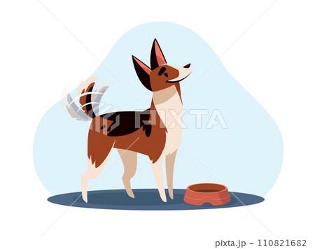 Dog waving his tail and asking for food from his master. Pet with bowl. Feeding puppy. Pleading gesture of animal language and emotion. Purebred doggy cartoon flat isolated vector concept 110821682