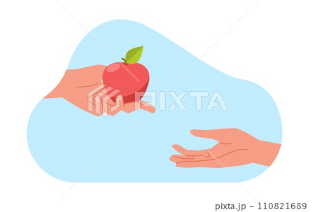 Eve holds out an apple from tree of good and evil to Adam. Female and male hands and forbidden fruit. Temptation symbol. Biblical story. Cartoon flat isolated vector religion concept 110821689