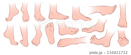 Human feet. Different naked foot positions, sole, heel and toes, front, side and back view, healthy skin, toenails, body part, human body anatomy elements, cartoon flat tidy vector set 110821712