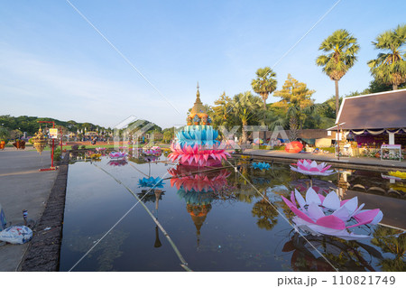 Sukhothai Historical Park festival, buddha pagoda stupa in a temple, Sukhothai, Thailand. Thai buddhist temple architecture. Tourist attraction. 110821749