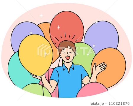 Happy boy with balloons celebrating birthday 110821876