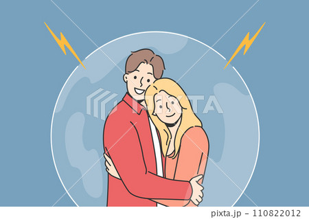 Couple in love hugs, standing in cocoon, feeling safe and secure thanks to presence of other half Couple in love hugs, standing in cocoon, feeling safe and secure thanks to presence of other half 110822012