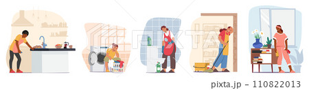 Exhausted Housewives, Burdened By Endless Chores, Battle Fatigue While Tackling Domestic Tasks. Wearied But Resilient 110822013