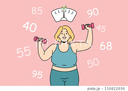 Fat woman wants to lose weight and become slimmer by doing fitness in gym and lifting dumbbells 110822030