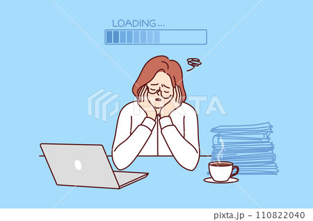Slow woman office worker sleeping at workplace with laptop and papers due to lack of energy Slow woman office worker sleeping at workplace with laptop and papers due to lack of energy 110822040