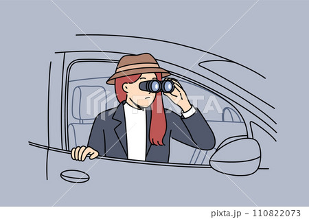 Woman detective secretly spies on boyfriend, looking out of car with binoculars in hands 110822073