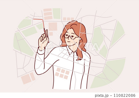 Woman logistician draws up route for delivery service vehicles by drawing lines on city map Woman logistician draws up route for delivery service vehicles by drawing lines on city map 110822086