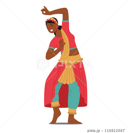 Indian Female Dancer in Vibrant Attire Captivates With Rhythmic Expressions, Intricate Hand Gestures Vector Illustration 110822087