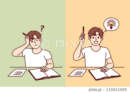 Progress schoolboy diligently doing assignments, sitting at school desk and becoming smarter Progress schoolboy diligently doing assignments, sitting at school desk and becoming smarter 110822089
