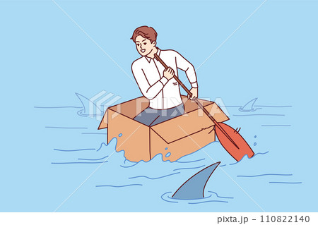 Brave business man shows no fear, overcoming crisis and floating in box in river with sharks 110822140