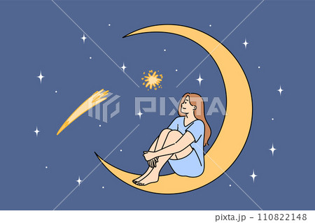 Woman admires starry sky, sitting on crescent and making secret wish during starfall Woman admires starry sky, sitting on crescent and making secret wish during starfall 110822148