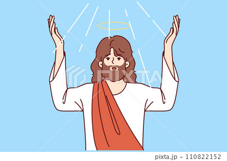 Jesus messiah from christian religion raises hands up, announcing beginning fulfillment prophecies 110822152