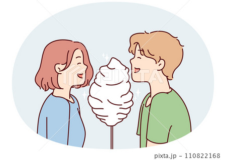Boy and girl with cotton candy, smiling eat street dessert bought during walk together. Vector image 110822168