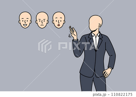 Faceless business man chooses mask face with different emotions, for concept ability to manage mood 110822175