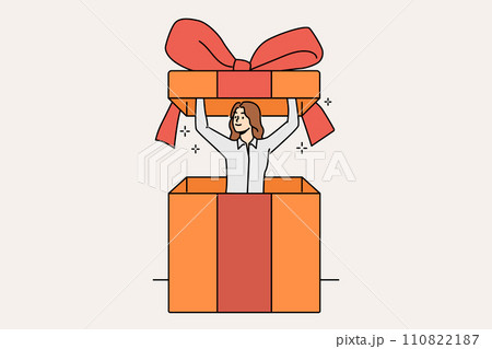 Tiny woman inside gift box with bow, to congratulate store customers or business partners Tiny woman inside gift box with bow, to congratulate store customers or business partners 110822187