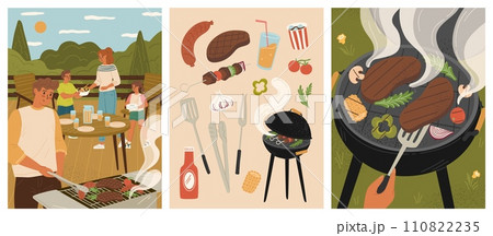 Barbeque party scene set with happy people cooking meat outdoors 110822235