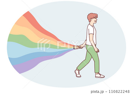 Young guy walks leaving behind rainbow symbolizes carelessness and positive attitude. Vector image 110822248