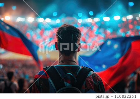 AI-generated content. Soccer fan or football fan with flag at cheering while winning match. Generative AI 110822251
