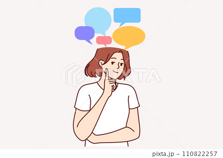 Thoughtful smiling woman coming up with graduation speech, standing with dialogue bubbles above head Thoughtful smiling woman coming up with graduation speech, standing with dialogue bubbles above head 110822257