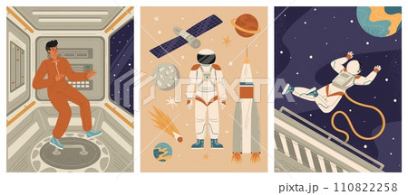 Astronaut in space card template isolated set Astronaut in space card template isolated set 110822258