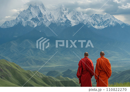 two Buddhist monks against the backdrop of mountains 110822270