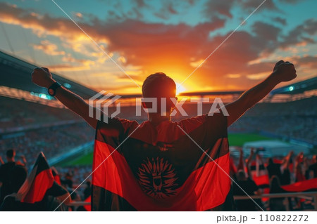 AI-generated content. Soccer fan or football fan with flag at cheering while winning match. Generative AI 110822272