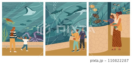 Oceanarium advertising cards set with happy visitors Oceanarium advertising cards set with happy visitors 110822287