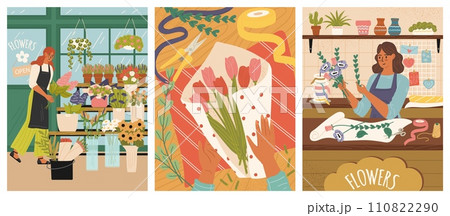 Woman florist caring for plants cards template set Woman florist caring for plants cards template set 110822290