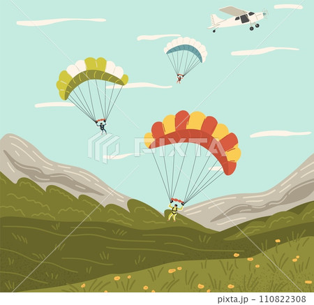 Skydiving scene with extreme sport lovers jumping from plane with parachute Skydiving scene with extreme sport lovers jumping from plane with parachute 110822308