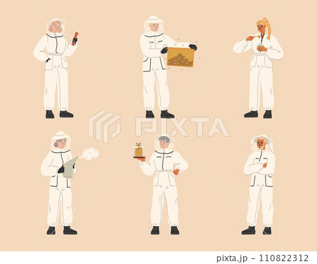 Isolated set of hiver characters wearing bee protection suit 110822312
