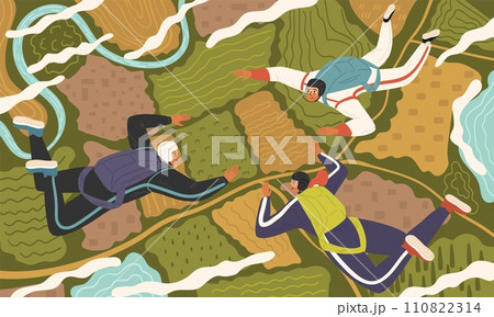 Group parachute flight scene with people skydiving together 110822314