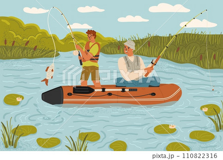 Senior father and adult son enjoying fishing hobby time together 110822316
