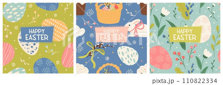 Happy Easter greeting card square template isolated set Happy Easter greeting card square template isolated set 110822334