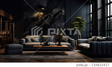 Interior of a modern living room with dark gray walls and a gray huge stylish sofa. Interior of a modern living room with dark gray walls and a gray huge stylish sofa. 110822417
