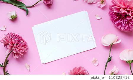 Flowers composition. Greeting card mockup on pink background. Flowers composition. Greeting card mockup on pink background. 110822418
