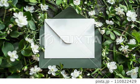 Envelope with white paper and spring flowers on the green grass. Envelope with white paper and spring flowers on the green grass. 110822429