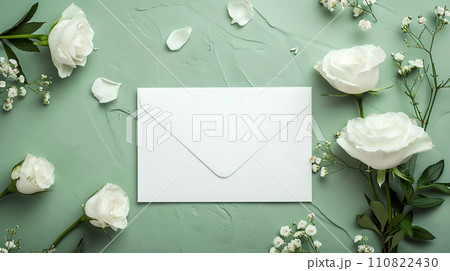 Flowers and envelope on green background. Invitation mockup, postcard from a white sheet of paper. Flowers and envelope on green background. Invitation mockup, postcard from a white sheet of paper. 110822430