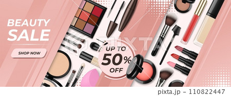 Realistic cosmetic banner. Makeup products sale poster, decorative cosmetics and brushes. Advertising make up store, pithy vector trendy design 110822447