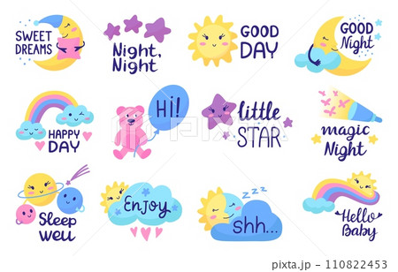 Positive sleep and morning kids lettering phrases. Isolated quotes with moon, sun and clouds. T-shirt prints templates, childish neoteric vector design Positive sleep and morning kids lettering phrases. Isolated quotes with moon, sun and clouds. T-shirt prints templates, childish neoteric vector design 110822453