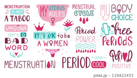 Menstrual cycle quotes. Menstruation period lettering, blood drops and flowers. Female self love positive texts, motivations neoteric vector prints 110822455