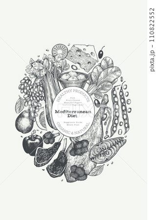 Mediterranean Cuisine Design Template. Vector Hand Drawn Healthy Food Banner. Vintage Style Menu Illustration. 110822552