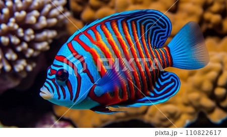 Tropical fish. Closeup of a colorful tropical fish swimming in a coral reef. Bright striped blue fish on the background of a coral reef. AI generated image of a blue reef fish in the ocean. 110822617