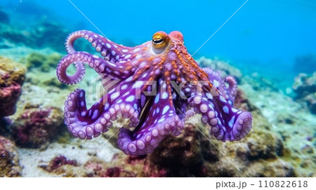 Octopus. Beautiful octopus sitting on a reef. Closeup of a blue purple octopus swimming underwater. AI generated image of a spotted octopus with big long tentacles and suckers sitting on ocean floor. 110822618