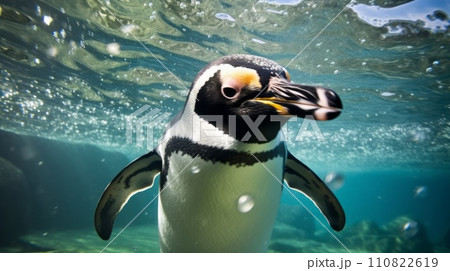 Penguin underwater. Underwater close up of a penguin swimming in clear water with sunlight. Front view of a penguin swimming in the ocean with light rays.. Closeup of a penguin's face. 110822619