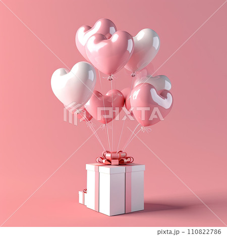 Valentine's day gift box with heart shaped balloons. 3D Render. 110822786