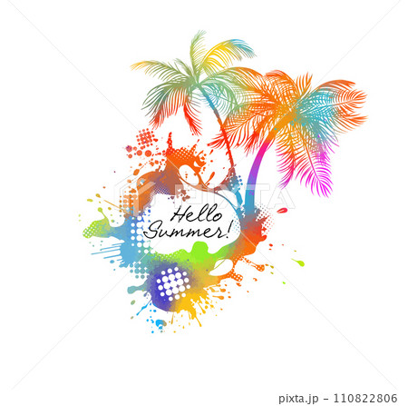 Silhouette of a colored palm tree on a white background with seagulls. hand drawing. Not AI. Vector illustration 110822806